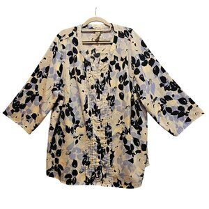 Catherines Blouse Plus Sized 2X Blue Floral Light Weight V-Neck Career City boxy
